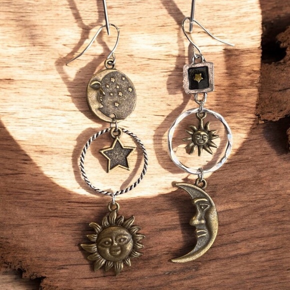Boho Celestial Charm Earrings - Bronze and Silver toned Bohemian Boho Celestial - Picture 5 of 17